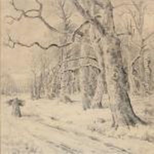 A Woman Collection Firewood In A Forest At Rosenvold, Denmark by F. C. Kiaerschou