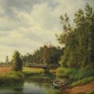 Scenery From Ry With A Man On A Bridge by F. C. Kiaerschou