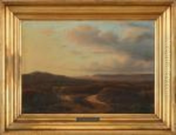 Sunset Over Heatherlandscape With Two Resting Figures - view 1