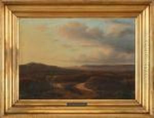 Sunset Over Heatherlandscape With Two Resting Figures Sunset Over Heatherlandscape With Two Resting Figures
