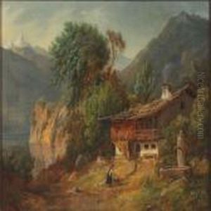 Mountain Landscape With Woman Near House by F. C. Kiaerskou