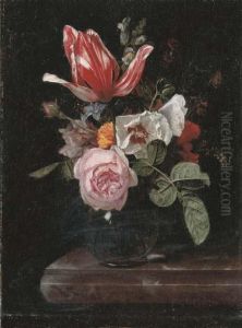 Roses, Peonies, A Tulip And Other Flowers In A Glass Vase On Astone Ledge by Cornelis Kick