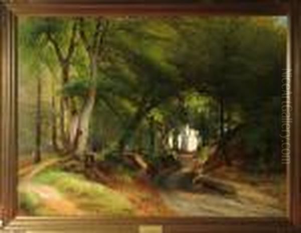 "weg Nach Orholm" - A Young Woman Knitting In A Sunlit Woodland Glade - view 1