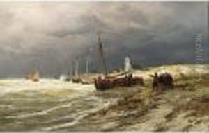 Moored Fishing Boats On The Beach by George Laurens Kiers
