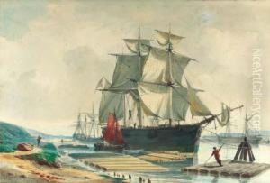 Clippers At A Timber Wharf North Of Amsterdam by George Laurens Kiers