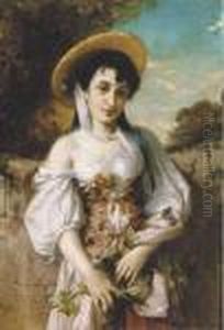 A Young Beauty With Harvested Grapes In Her Apron