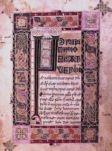 First page of the Gospel of St. John the Evangelist, text with initial and decorative border, from the MacDurnan Gospels, Armagh by Celtic