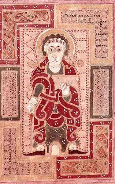 The figure of St. John the Evangelist holding a book, page proceeding the Gospel of St. John, from the MacDurnan Gospels, Armagh - view 1