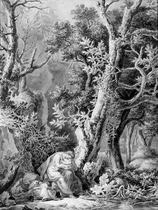 A forest landscape with a mother and child resting by a tree by Jean Antoine Constantin