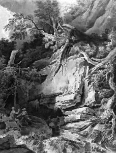 A rocky landscape with two hermits near a waterfall by Jean Antoine Constantin