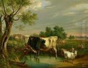 Weidelandschaft Mit Kuhen An Der Tranke Und Ziegen by Cornelis Kimmel