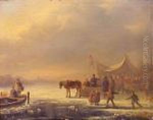 Frozen Waterway With Skaters And Villagers Gathering Around A Koeken Zopie by Cornelis Kimmel