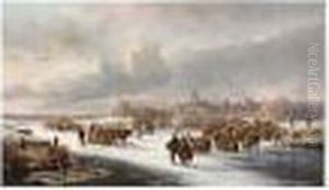 Numerous Figures On A Frozen River, A Town In The Distance by Cornelis Kimmel