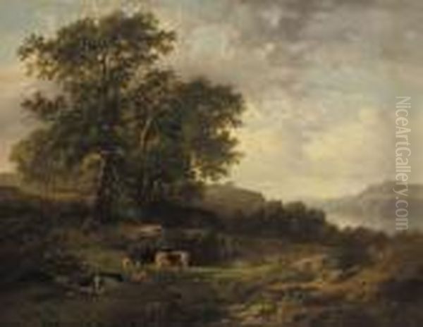 A Rhenish River Landscape With A Herdsman And Cattle - view 1