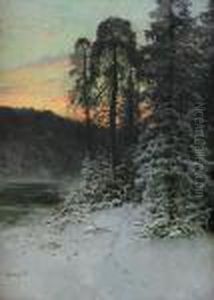 Vinterlandskap I Aftonrodnad