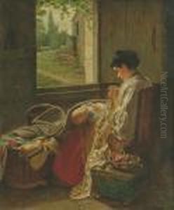A Mother Sewing Seated At A Window, A Child On Her Lap