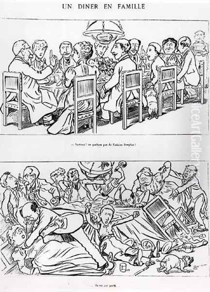 Caricature of a family dinner before and after having talked about the Dreyfus Affair, c.1894 - view 1
