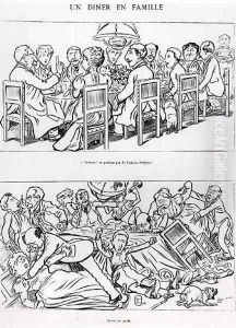 Caricature of a family dinner before and after having talked about the Dreyfus Affair, c.1894