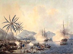 Death of Captain Cook 1728-79 and HMS Resolution and Discovery covering the retreat of the landing party by John the Younger Cleveley