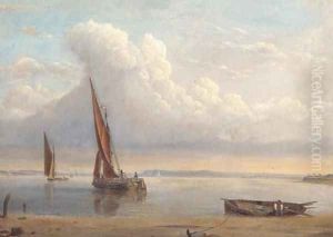 Barges in a calm on the estuary by Alfred Clint