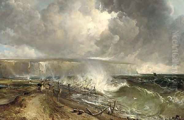 Figures walking on a shore in a stiff breeze - view 1
