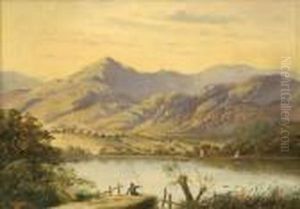 Angler In An Extensive Mountainous Lake Landscape by James Scott Kinnear