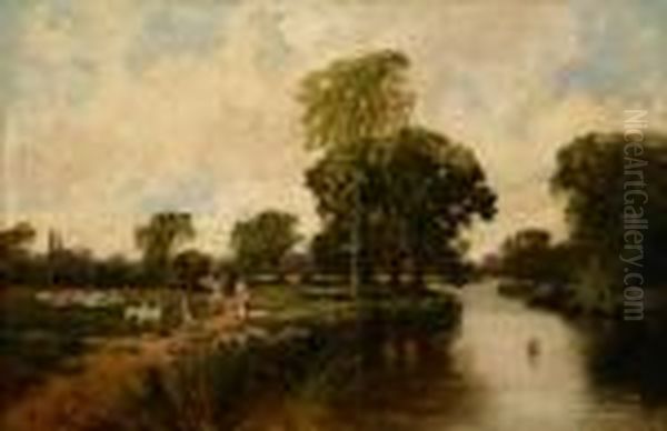 Figures On A Path With Sheep Resting In A Riverlandscape - view 1