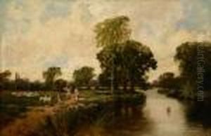 Figures On A Path With Sheep Resting In A Riverlandscape by James Scott Kinnear