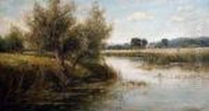 A River Landscape With Harvesters In Thedistance by Henry John Kinniard