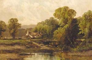 Figures before a cottage in a wooded river landscape by Octavius Thomas Clark