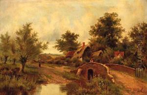 Figures on a track before a cottage by Octavius Thomas Clark