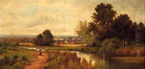 A figure on a path beside a river by Octavius Thomas Clark