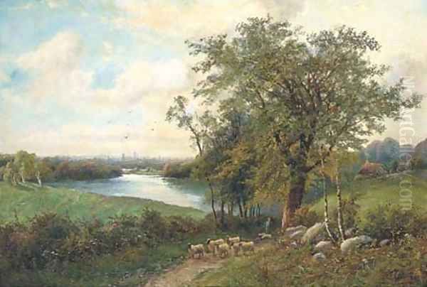 A shepherd with his flock on a riverside track - view 1