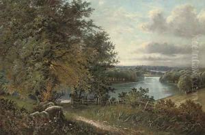 A wooded river landscape, a town beyond by Octavius Thomas Clark