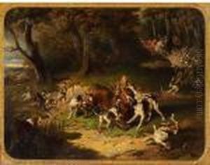 A Hunt, With Dogs Attacking A Stag