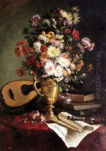 Dahlias In A Brass Ewer With A Mandolin, Books And A Clarinet On A Table by Julie Crouan