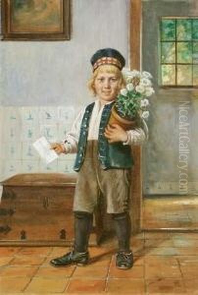 Der Gratulant (junge Mit
Blumentopf Und Brief Fur Grospapa). Aquarell Auf Karton. 41 X 28,5 Cm.
Signiert. Unter Glas Gerahmt. - view 1