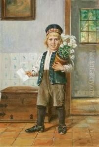 Der Gratulant (junge Mit
Blumentopf Und Brief Fur Grospapa). Aquarell Auf Karton. 41 X 28,5 Cm.
Signiert. Unter Glas Gerahmt. by Otto Karl Kirberg