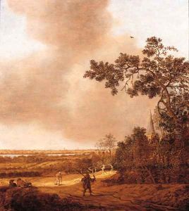 A falconer and travellers on a path in the dunes, a town in the distance by Anthony Jansz van der Croos