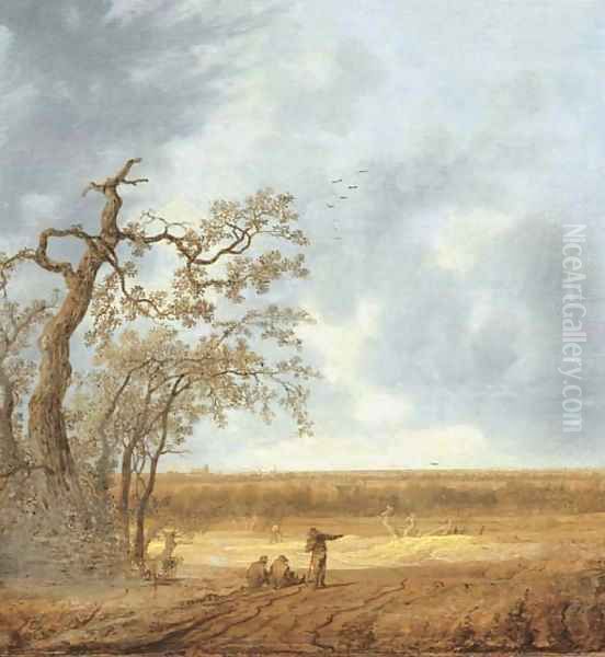 An extensive landscape with peasants conversing by a dead tree - view 1
