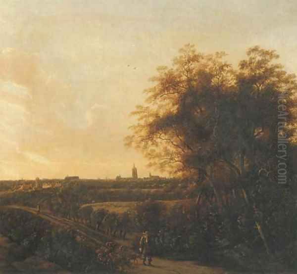 A wooded landscape with a sportsman and his dog on a sandy road, a view of The Hague in the distance - view 1