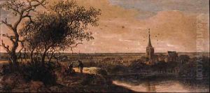A village by a river with peasants on a track in the foreground