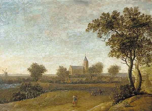 An extensive landscape travellers on a path, a walled town beyond - view 1