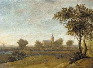 An extensive landscape travellers on a path, a walled town beyond