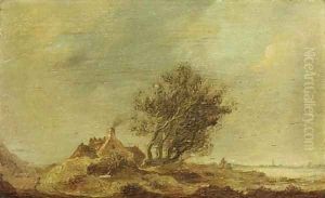 An extensive landscape with a cottage by a tree by Anthony Jansz van der Croos