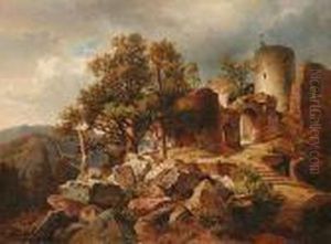 A Landscape With A Ruined Castle And A Fox