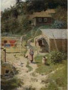 Farmstead With A Woman And Child by Alexander Alexandrovich Kiselev