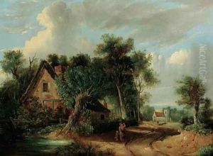 A wooded river landscape with figures before a cottage by Samuel David Colkett