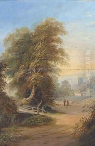 Figures on a wooded track with a church tower beyond by Samuel David Colkett
