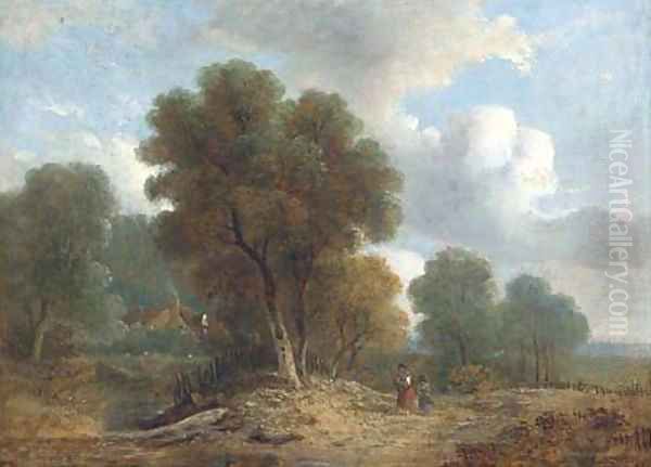 Figures on a wooded track, a cottage beyond - view 1